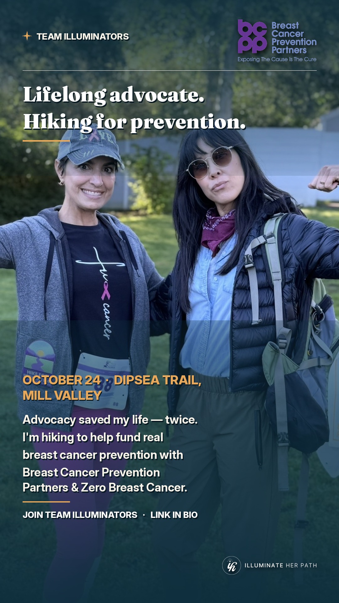 Hikers on the Dipsea Trail — Dipsea Hike for Breast Cancer Prevention & Awareness, Team Illuminators, Saturday, October 24, 2026, benefiting Breast Cancer Prevention Partners and Zero Breast Cancer.