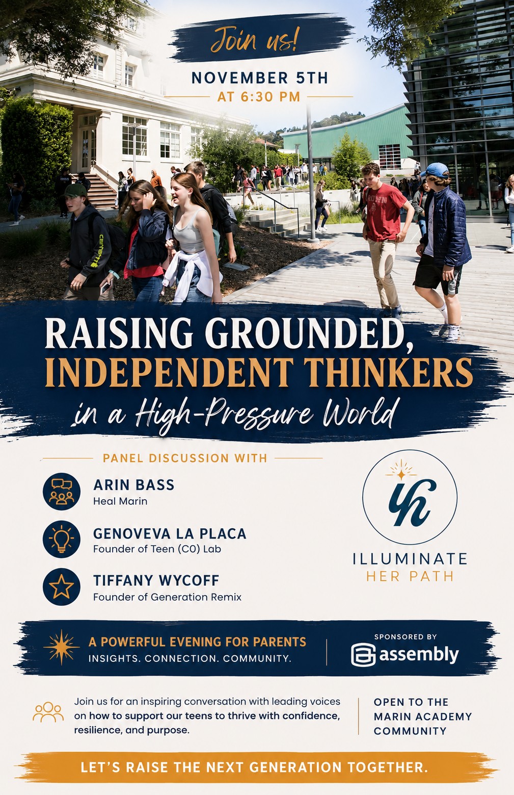 Raising Grounded, Independent Thinkers in a High-Pressure World — Illuminate Her Path panel discussion, Thursday, November 5, 2026, Mill Valley, sponsored by Assembly Wealth.